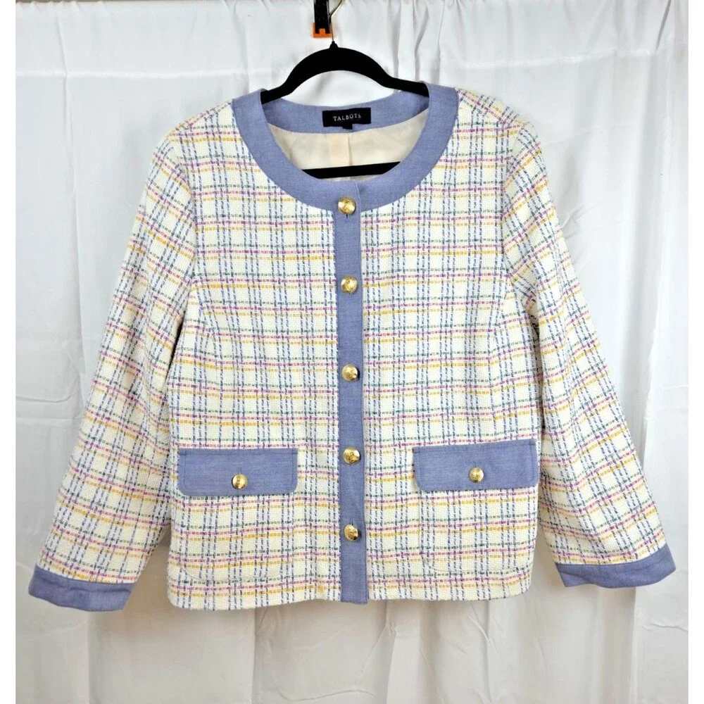Talbots Tweed Jacket Blazer 16 Multicolor Plaid Gold Button Crop Long Sleeve - Picture 2 of 9